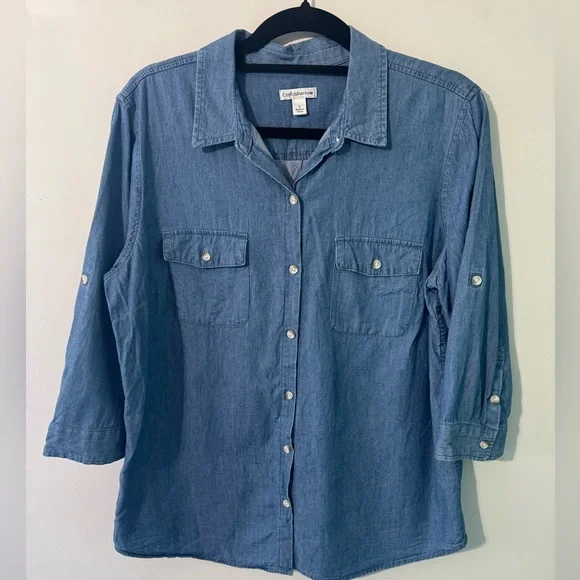 Croft & Barrow Blue denim chambray 3/4 sleeve Button Down Shirt LARGE - Picture 1 of 6